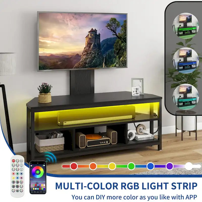 Meuble TV d'angle avec éclairage LED, support et prise de courant intégrés pour téléviseurs jusqu'à 70 pouces