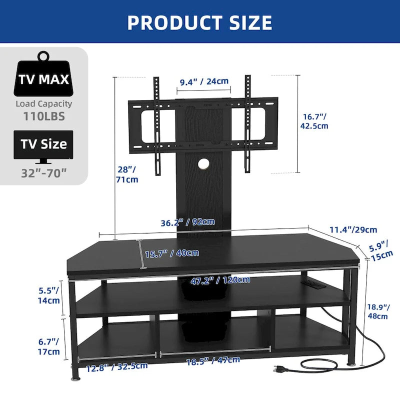 Meuble TV d'angle avec éclairage LED, support et prise de courant intégrés pour téléviseurs jusqu'à 70 pouces