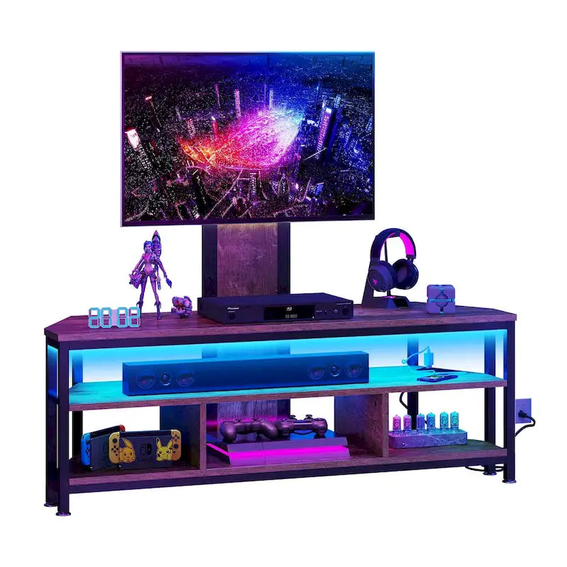Meuble TV d'angle avec éclairage LED, support et prise de courant intégrés pour téléviseurs jusqu'à 70 pouces